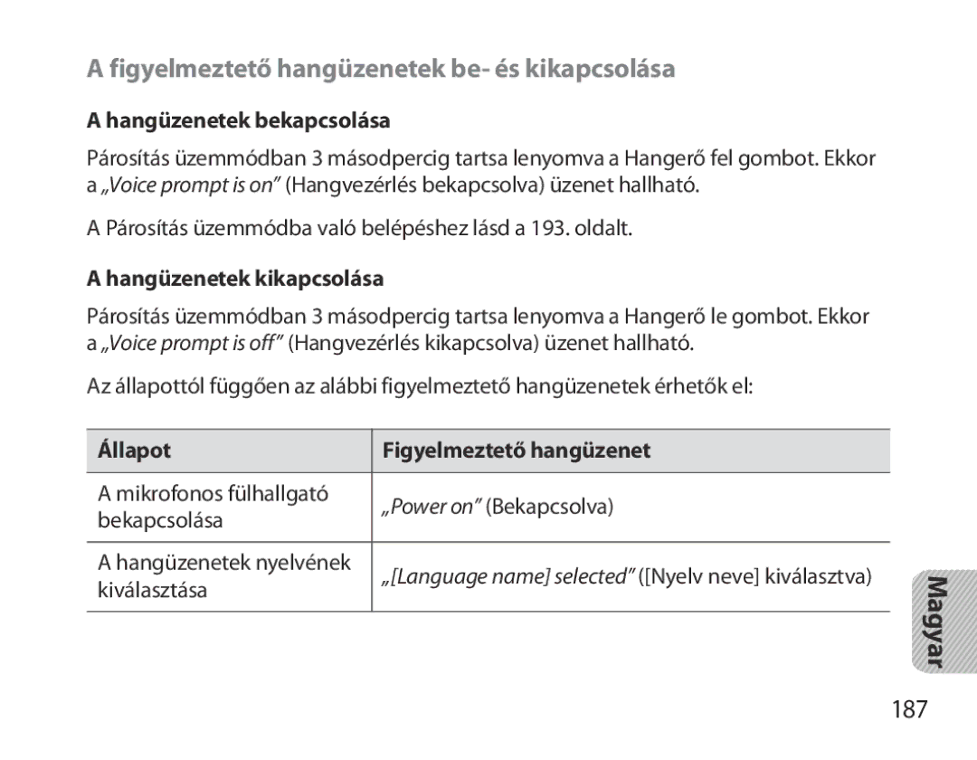 Samsung BHM3700EDRCSER, BHM3700EDEGXEF manual Figyelmeztető hangüzenetek be- és kikapcsolása, 187, Hangüzenetek bekapcsolása 