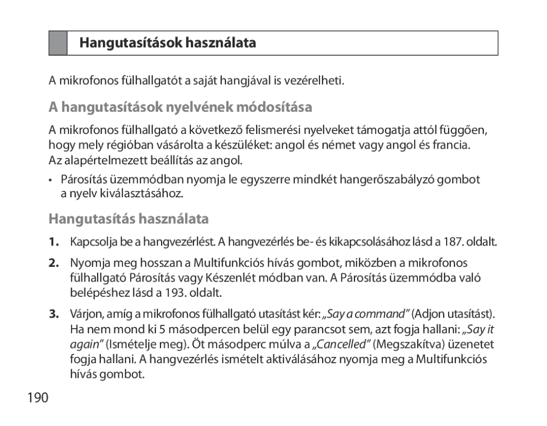 Samsung BHM3700EDECXEH manual Hangutasítások használata, Hangutasítások nyelvének módosítása, Hangutasítás használata, 190 