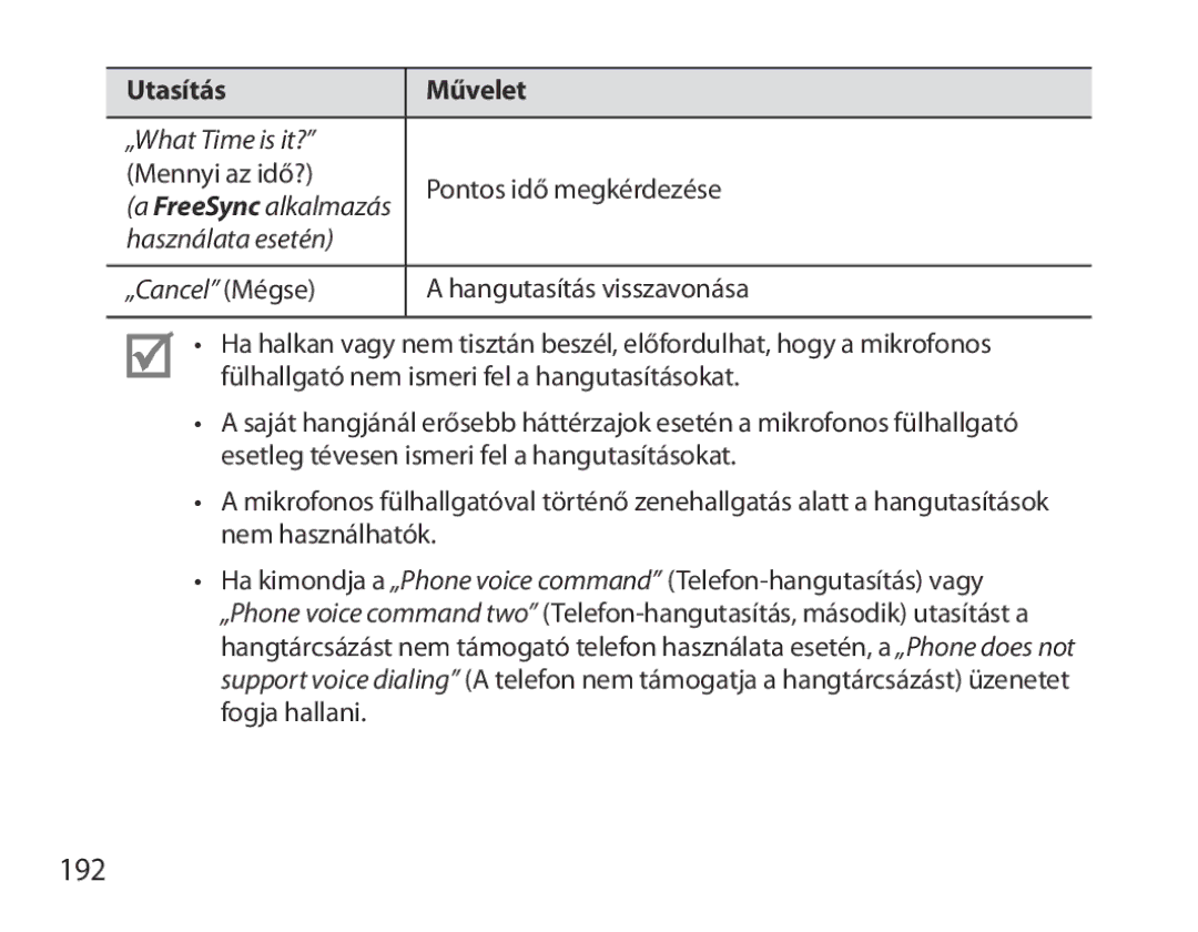 Samsung BHM3700EDRCSER, BHM3700EDEGXEF, BHM3700EDECXEF manual 192, Használata esetén „Cancel Mégse Hangutasítás visszavonása 