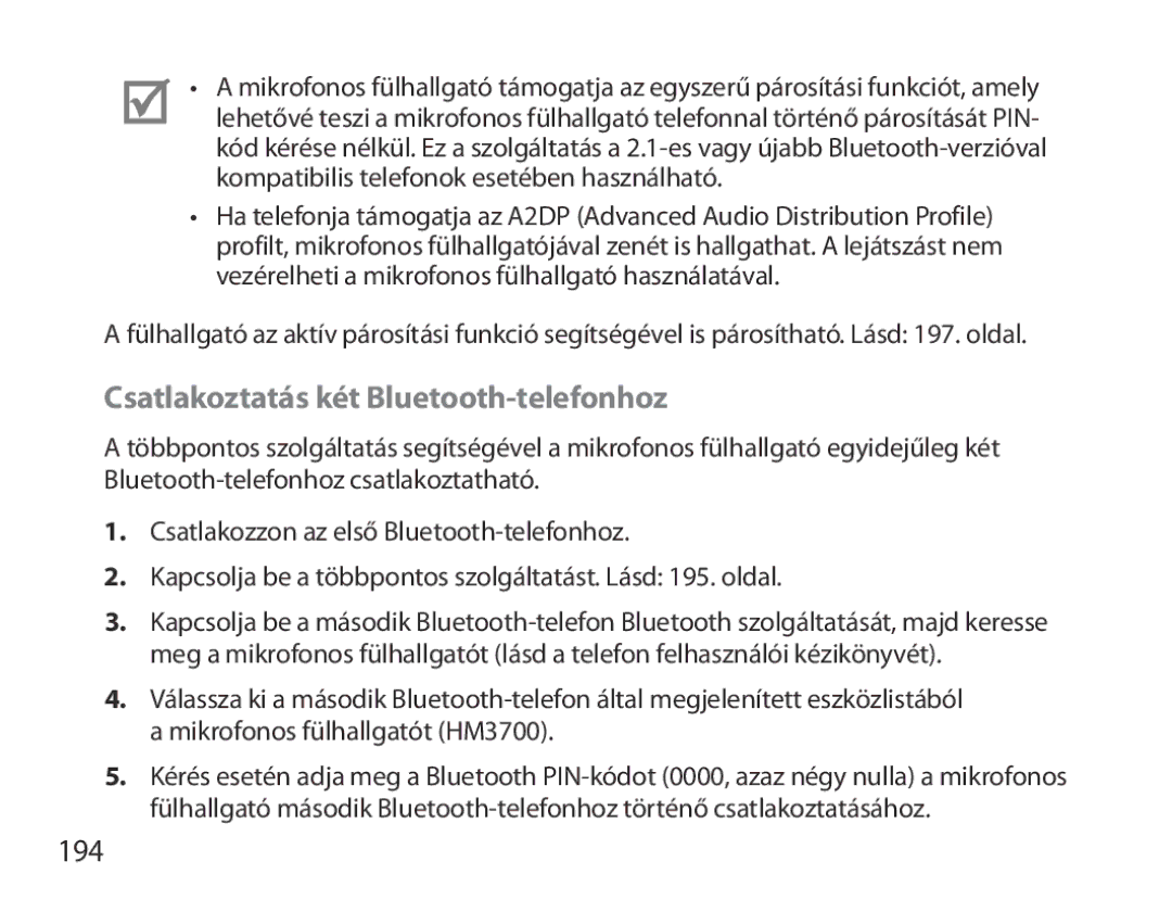 Samsung BHM3700EDECXEF, BHM3700EDEGXEF, BHM3700EDECXEH, BHM3700EDEGXEH manual Csatlakoztatás két Bluetooth-telefonhoz, 194 