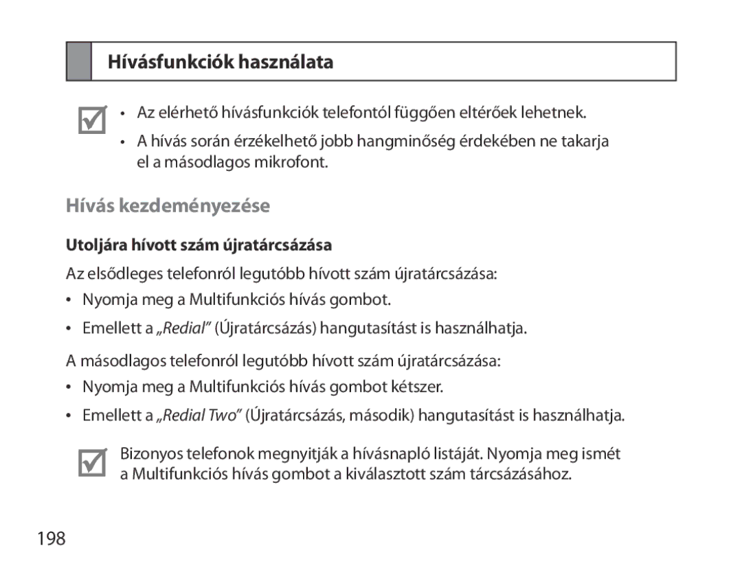 Samsung BHM3700EDEGXEF manual Hívásfunkciók használata, Hívás kezdeményezése, 198, Utoljára hívott szám újratárcsázása 