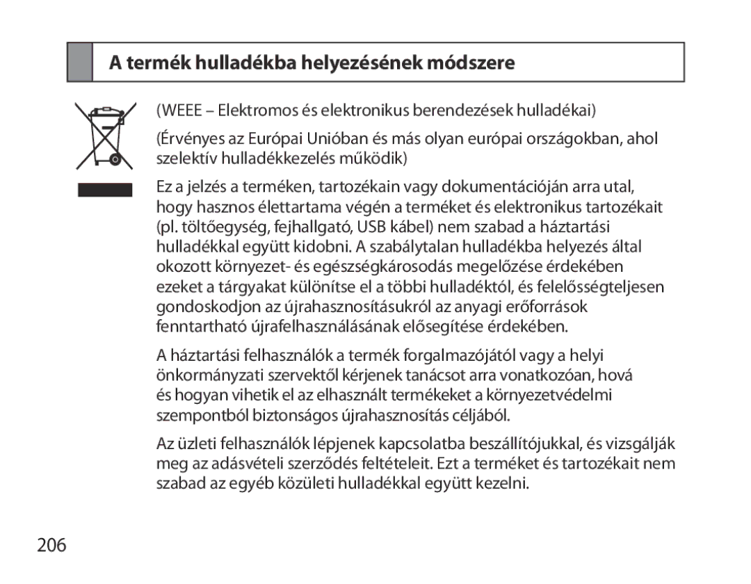 Samsung BHM3700EDEGXEH, BHM3700EDEGXEF, BHM3700EDECXEF, BHM3700EDECXEH manual Termék hulladékba helyezésének módszere, 206 