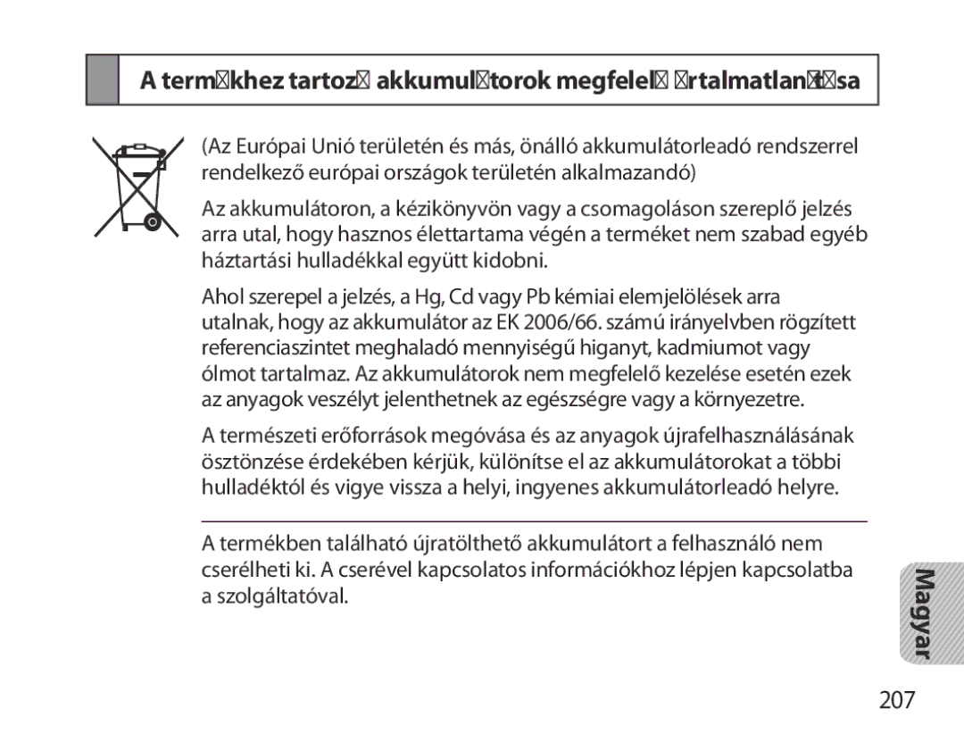 Samsung BHM3700EDRCSER, BHM3700EDEGXEF, BHM3700EDECXEF manual 207, Termékhez tartozó akkumulátorok megfelelő ártalmatlanítása 