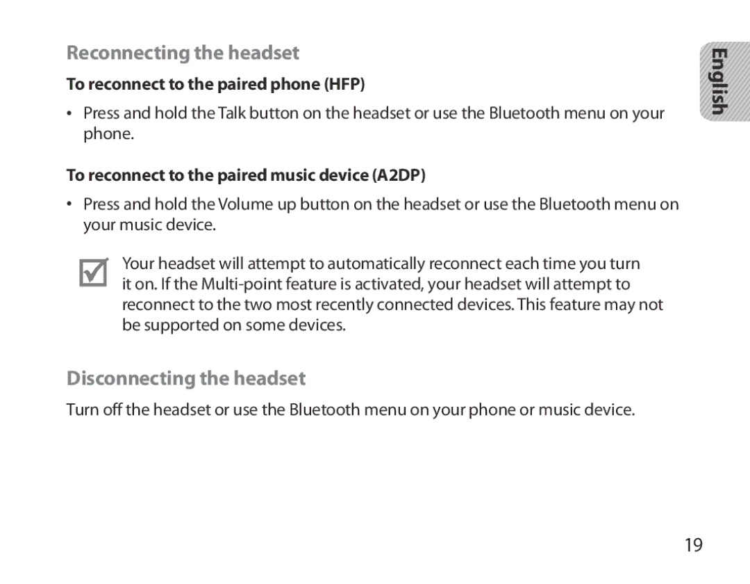 Samsung BHM3700EDECXEF manual Reconnecting the headset, Disconnecting the headset, To reconnect to the paired phone HFP 