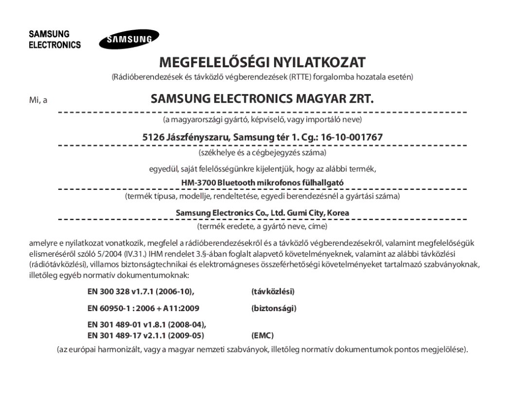 Samsung BHM3700EDECXEF, BHM3700EDEGXEF, BHM3700EDECXEH, BHM3700EDEGXEH, BHM3700EDRCSER manual Megfelelőségi Nyilatkozat 