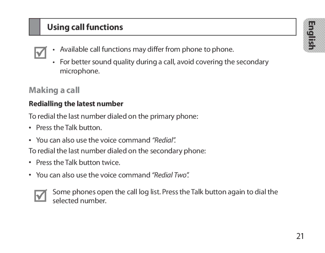 Samsung BHM3700EDEGXEH, BHM3700EDEGXEF, BHM3700EDECXEF Using call functions, Making a call, Redialling the latest number 