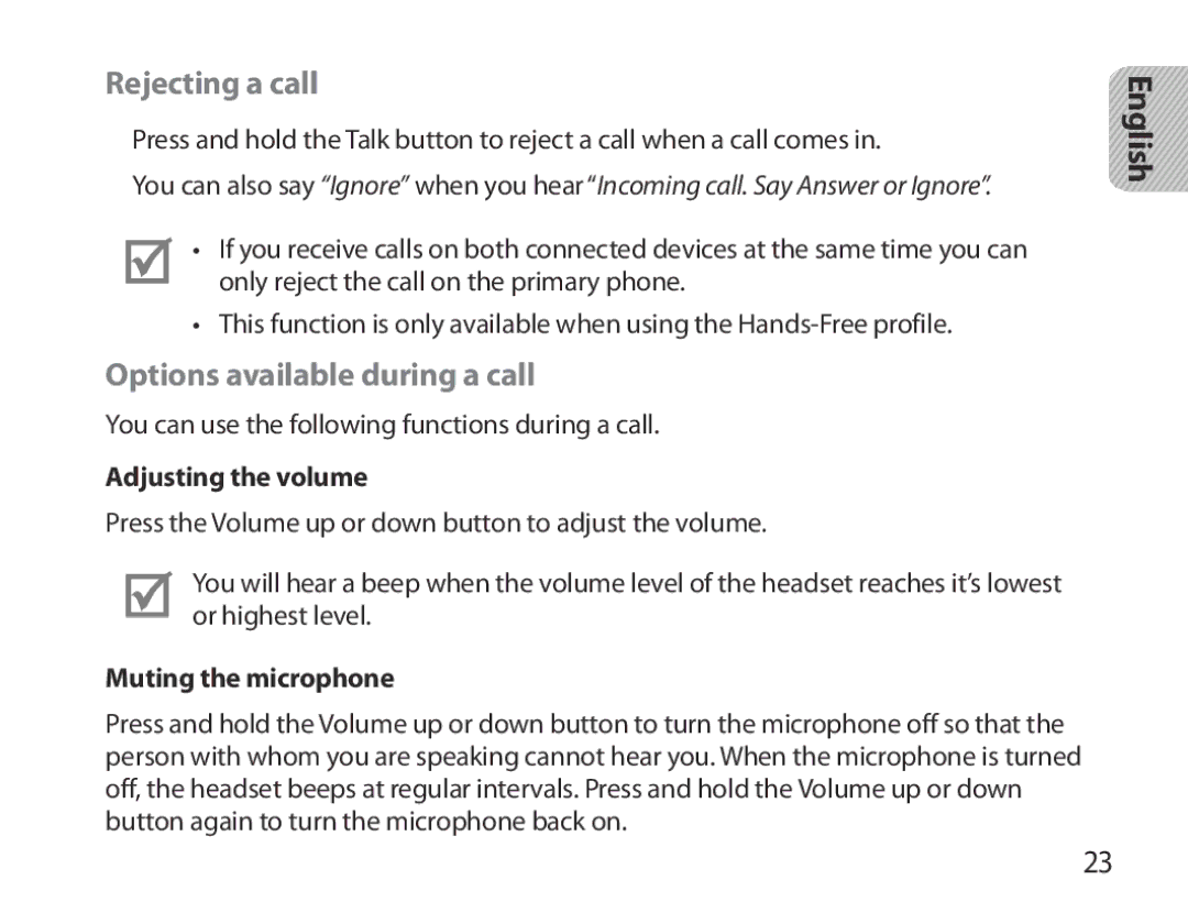 Samsung BHM3700EDEGXEF Rejecting a call, Options available during a call, Adjusting the volume, Muting the microphone 