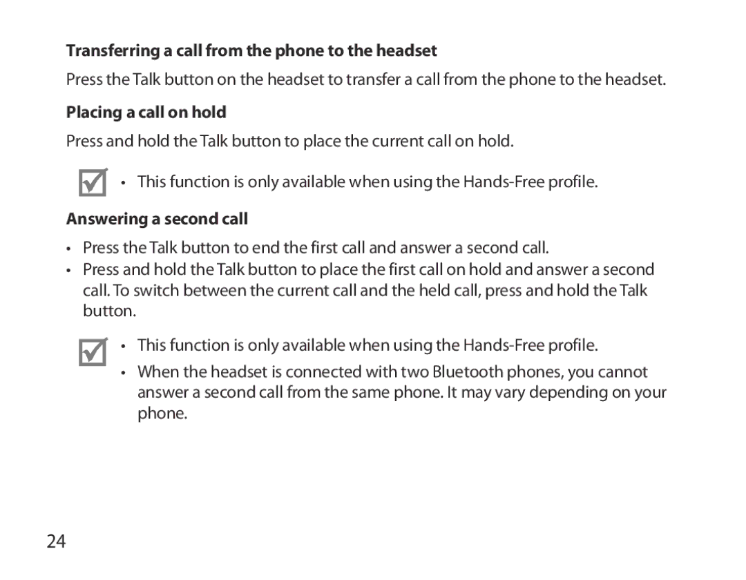 Samsung BHM3700EDECXEF Transferring a call from the phone to the headset, Placing a call on hold, Answering a second call 