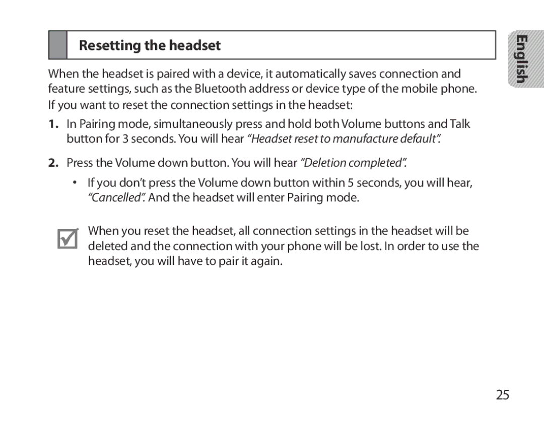 Samsung BHM3700EDECXEH, BHM3700EDEGXEF, BHM3700EDECXEF, BHM3700EDEGXEH, BHM3700EDRCSER manual Resetting the headset 