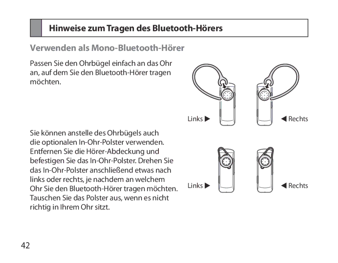 Samsung BHM3700EDRCSER, BHM3700EDEGXEF manual Hinweise zum Tragen des Bluetooth-Hörers, Verwenden als Mono-Bluetooth-Hörer 