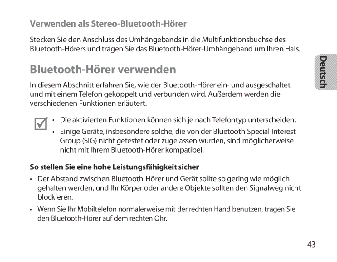 Samsung BHM3700EDEGXEF, BHM3700EDECXEF, BHM3700EDECXEH manual Bluetooth-Hörer verwenden, Verwenden als Stereo-Bluetooth-Hörer 