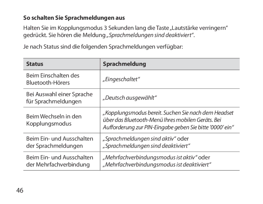 Samsung BHM3700EDEGXEH, BHM3700EDEGXEF, BHM3700EDECXEF manual So schalten Sie Sprachmeldungen aus, Status Sprachmeldung 