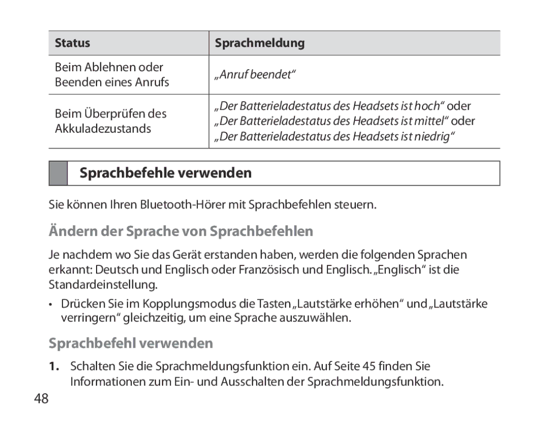 Samsung BHM3700EDEGXEF manual Sprachbefehle verwenden, Ändern der Sprache von Sprachbefehlen, Sprachbefehl verwenden 