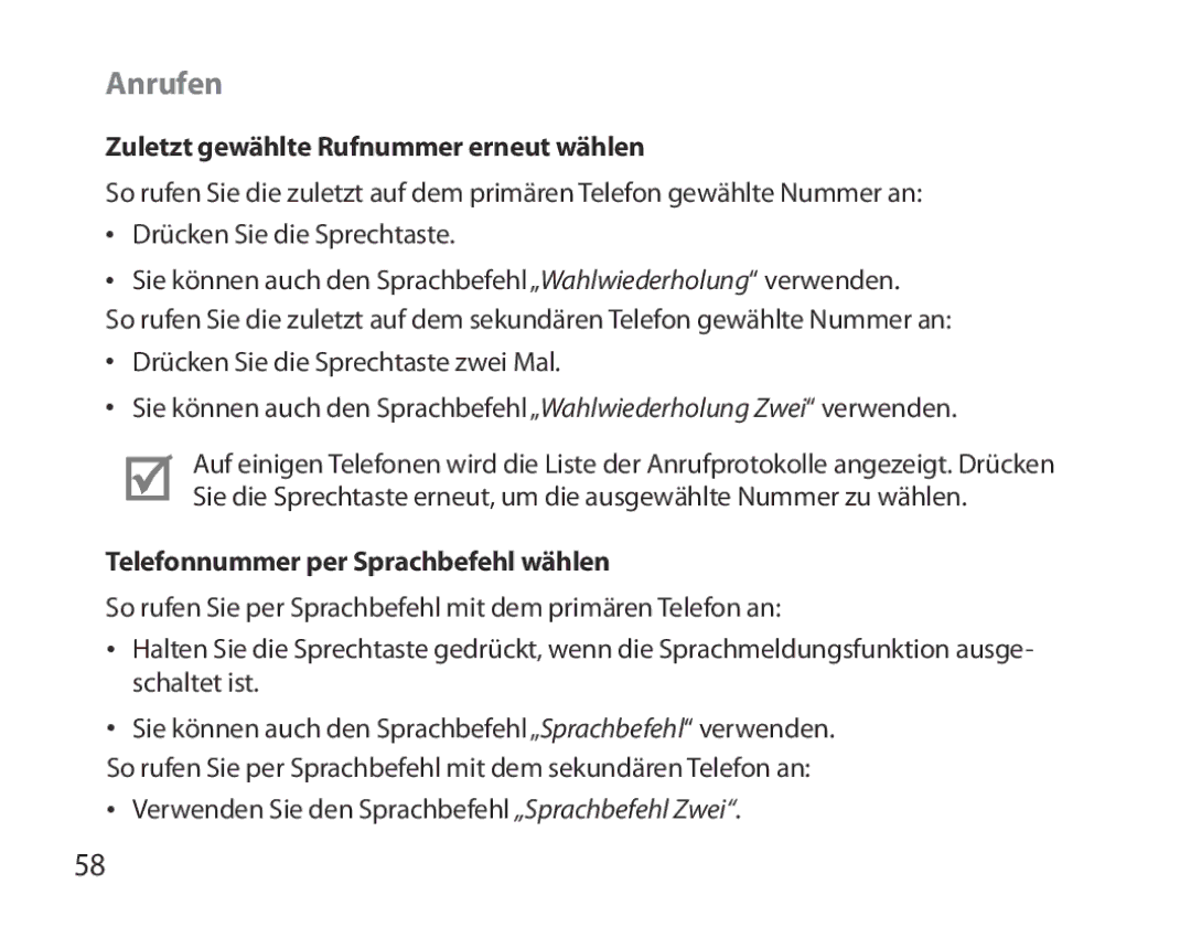 Samsung BHM3700EDEGXEF manual Anrufen, Zuletzt gewählte Rufnummer erneut wählen, Telefonnummer per Sprachbefehl wählen 