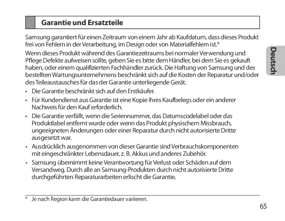 Samsung BHM3700EDECXEH, BHM3700EDEGXEF, BHM3700EDECXEF, BHM3700EDEGXEH, BHM3700EDRCSER manual Garantie und Ersatzteile 