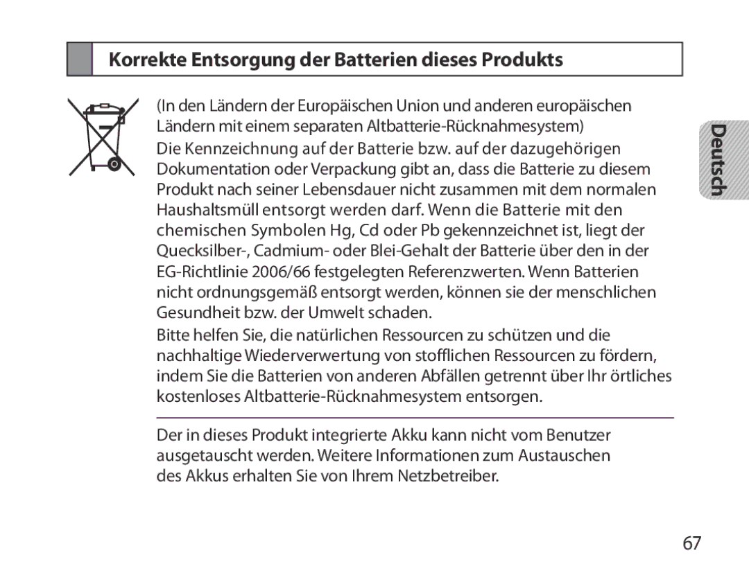 Samsung BHM3700EDRCSER, BHM3700EDEGXEF, BHM3700EDECXEF, BHM3700EDECXEH Korrekte Entsorgung der Batterien dieses Produkts 