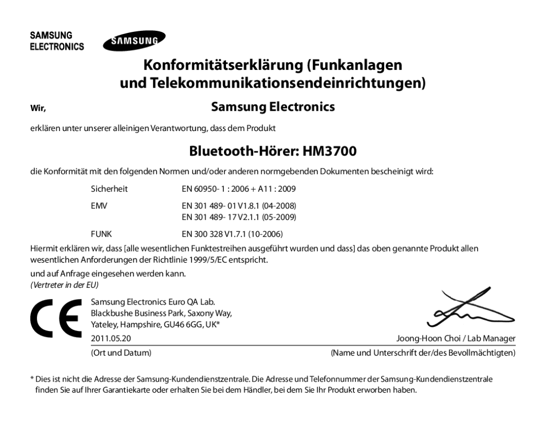 Samsung BHM3700EDECXEF Bluetooth-Hörer HM3700, Konformitätserklärung Funkanlagen, Und Telekommunikationsendeinrichtungen 