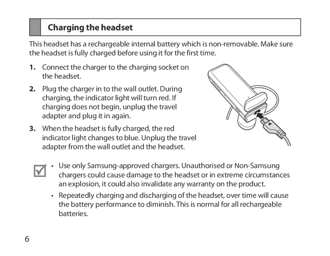 Samsung BHM3700EDEGXEH, BHM3700EDEGXEF, BHM3700EDECXEF, BHM3700EDECXEH, BHM3700EDRCSER manual Charging the headset 