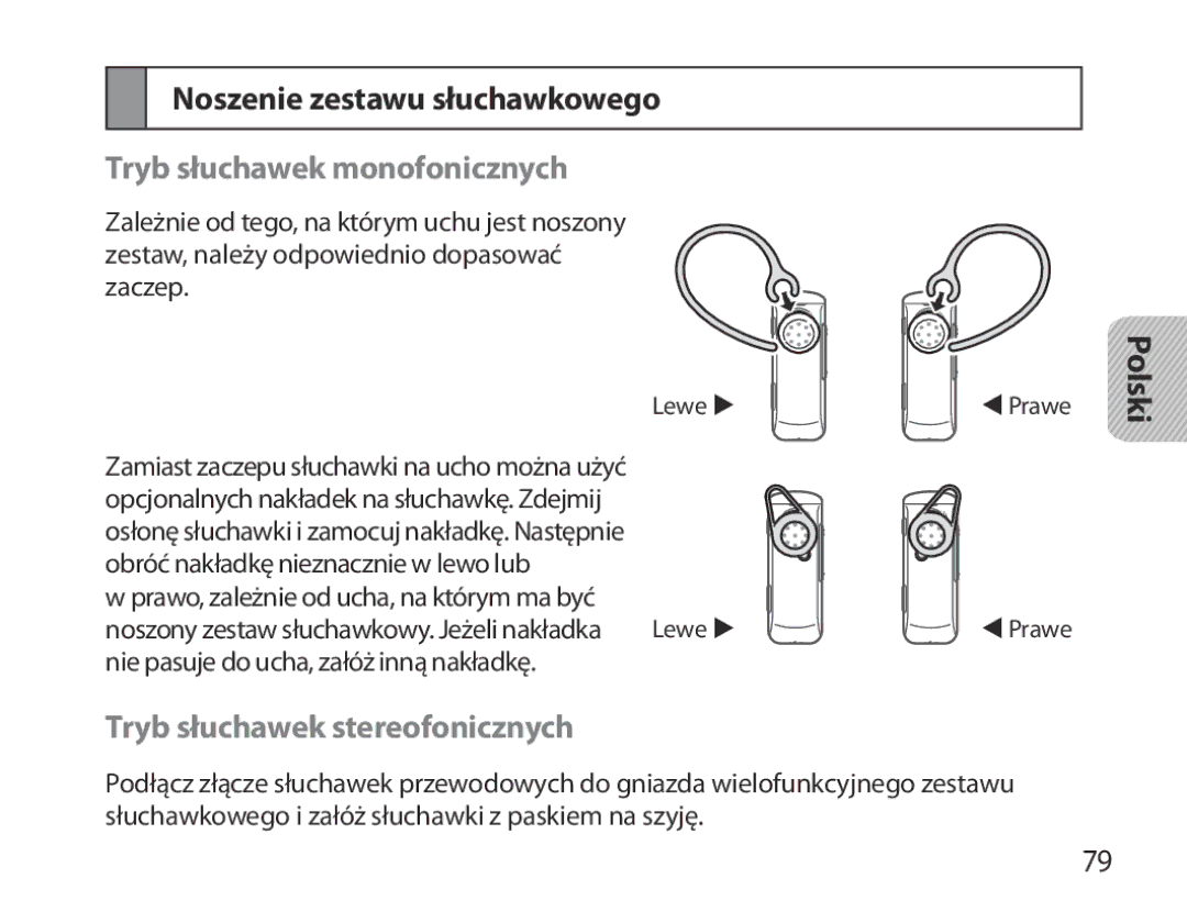 Samsung BHM3700EDECXEF Noszenie zestawu słuchawkowego, Tryb słuchawek monofonicznych, Tryb słuchawek stereofonicznych 