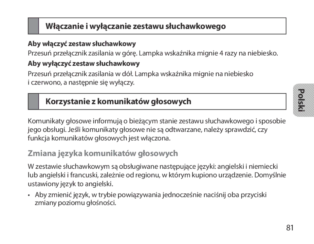 Samsung BHM3700EDEGXEH, BHM3700EDEGXEF Włączanie i wyłączanie zestawu słuchawkowego, Korzystanie z komunikatów głosowych 