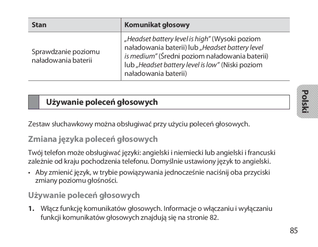 Samsung BHM3700EDECXEH, BHM3700EDEGXEF, BHM3700EDECXEF manual Używanie poleceń głosowych, Zmiana języka poleceń głosowych 