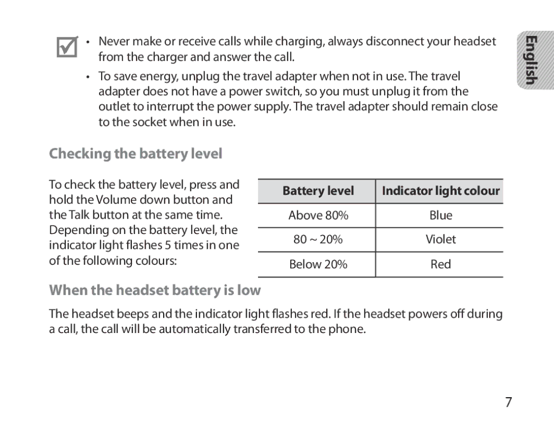 Samsung BHM3700EDRCSER, BHM3700EDEGXEF English, Checking the battery level, When the headset battery is low, Battery level 