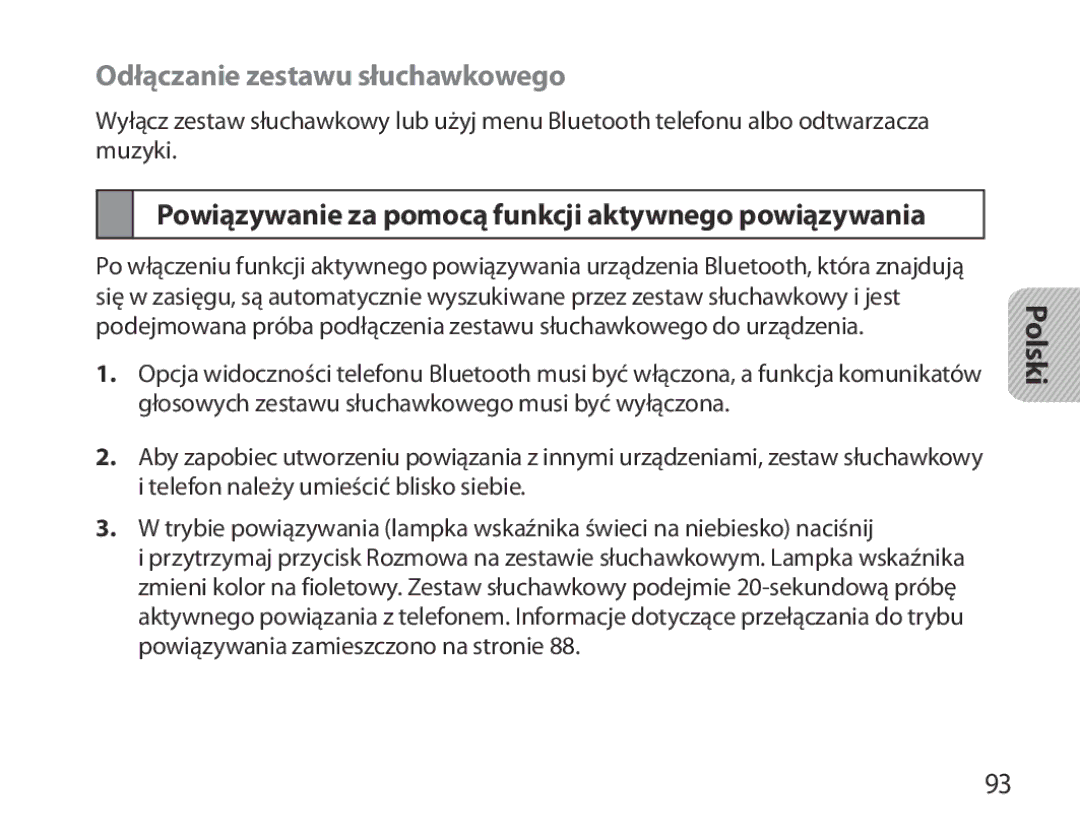 Samsung BHM3700EDEGXEF manual Odłączanie zestawu słuchawkowego, Powiązywanie za pomocą funkcji aktywnego powiązywania 