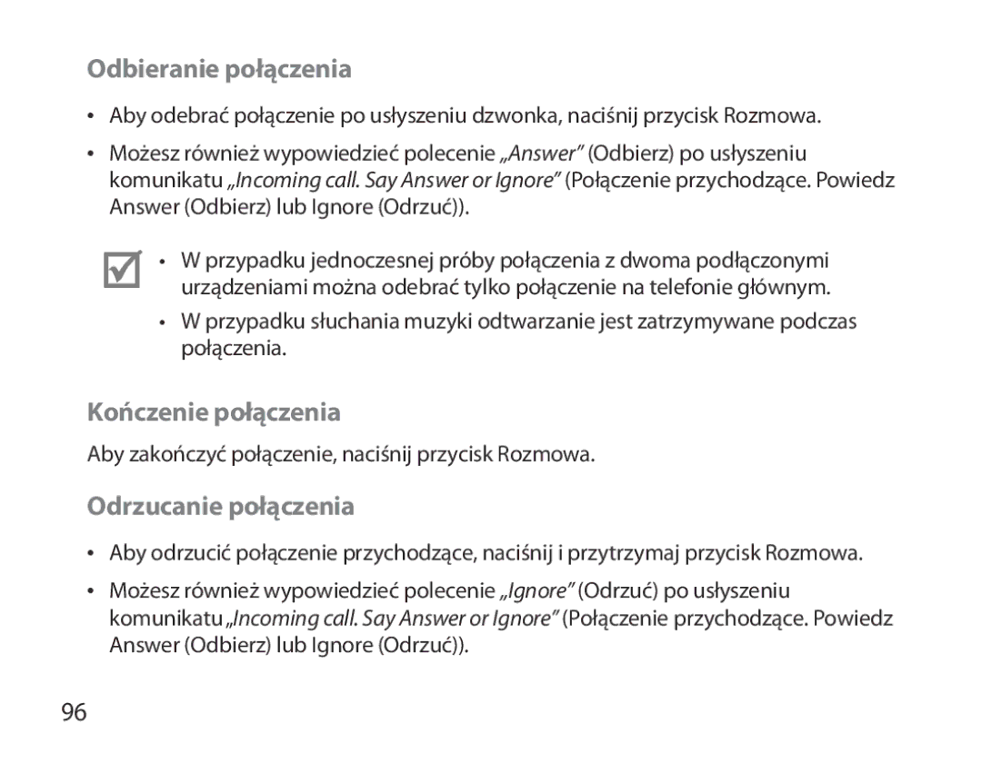 Samsung BHM3700EDEGXEH, BHM3700EDEGXEF, BHM3700EDECXEF Odbieranie połączenia, Kończenie połączenia, Odrzucanie połączenia 