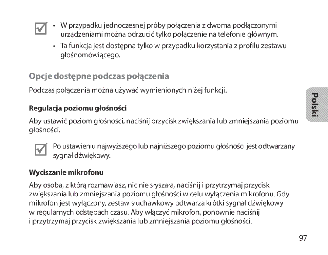 Samsung BHM3700EDRCSER manual Opcje dostępne podczas połączenia, Regulacja poziomu głośności, Wyciszanie mikrofonu 