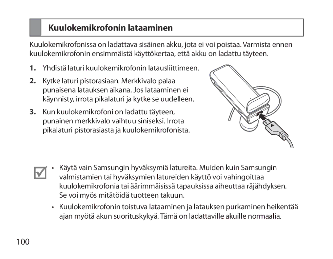 Samsung BHM3700EDECXEH, BHM3700EDEGXEF, BHM3700EDECXEF, BHM3700EDEGXEH, BHM3700EDRCSER manual Kuulokemikrofonin lataaminen, 100 