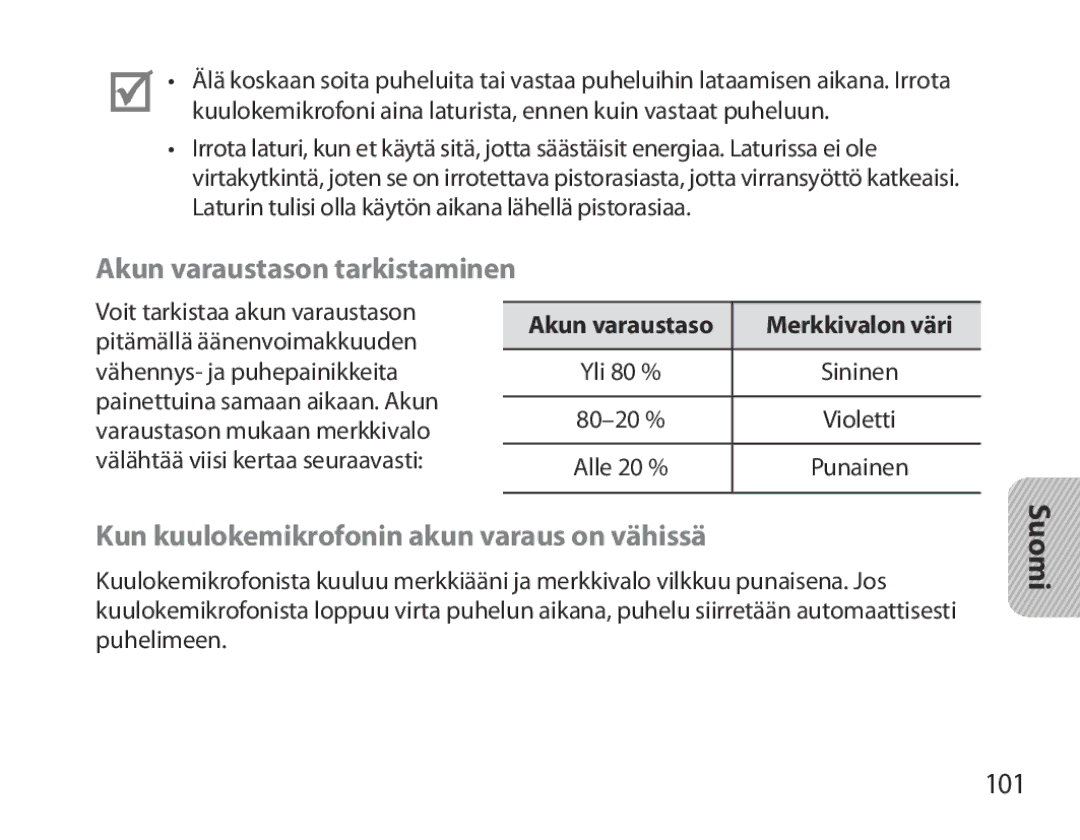 Samsung BHM3700EDEGXEH, BHM3700EDEGXEF Akun varaustason tarkistaminen, Kun kuulokemikrofonin akun varaus on vähissä, 101 