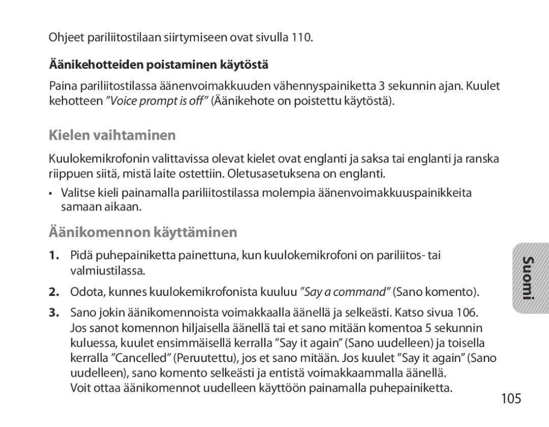 Samsung BHM3700EDECXEH manual Kielen vaihtaminen, Äänikomennon käyttäminen, 105, Äänikehotteiden poistaminen käytöstä 