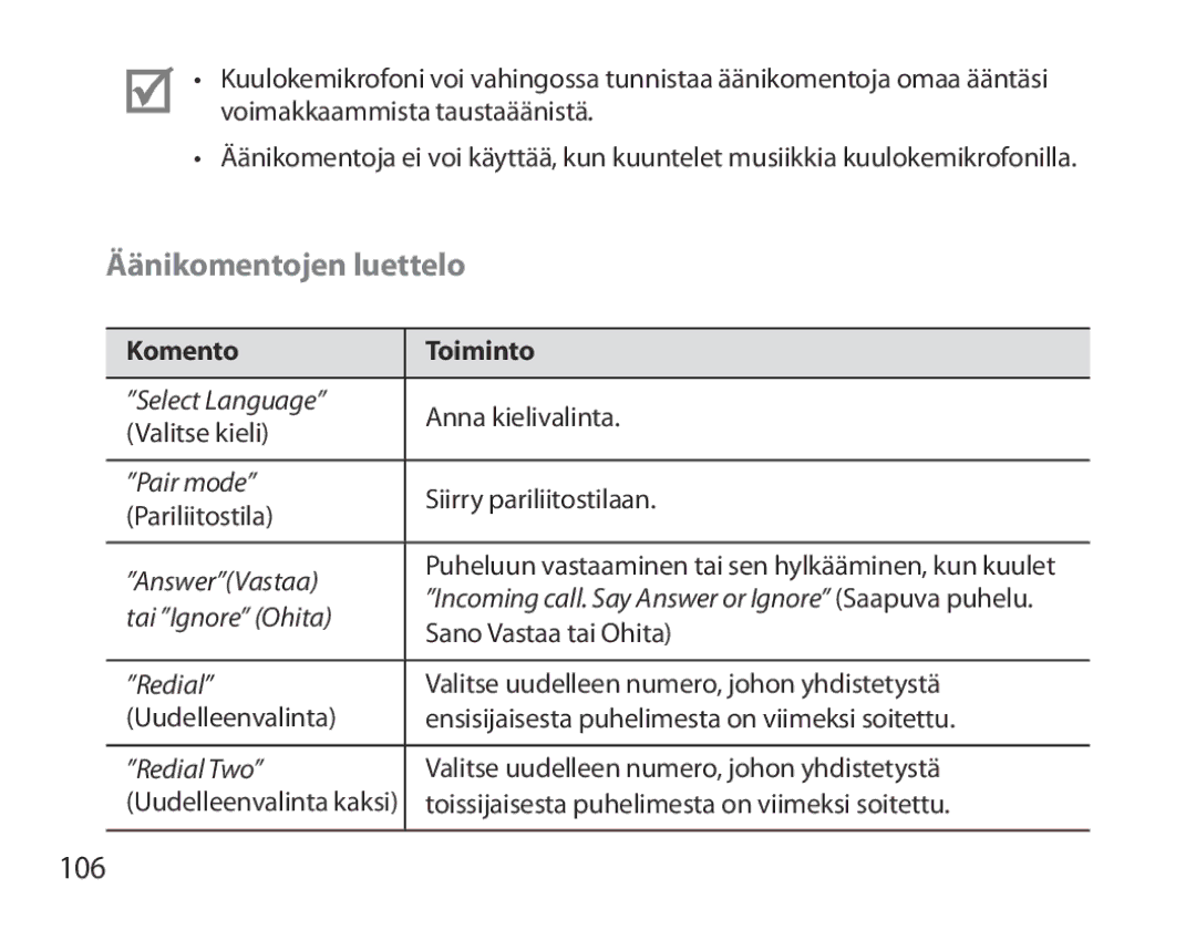 Samsung BHM3700EDEGXEH, BHM3700EDEGXEF, BHM3700EDECXEF, BHM3700EDECXEH, BHM3700EDRCSER manual Äänikomentojen luettelo, 106 