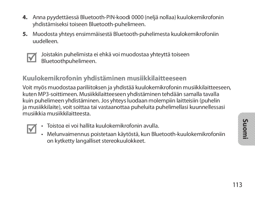 Samsung BHM3700EDEGXEF, BHM3700EDECXEF, BHM3700EDECXEH manual Kuulokemikrofonin yhdistäminen musiikkilaitteeseen, 113 