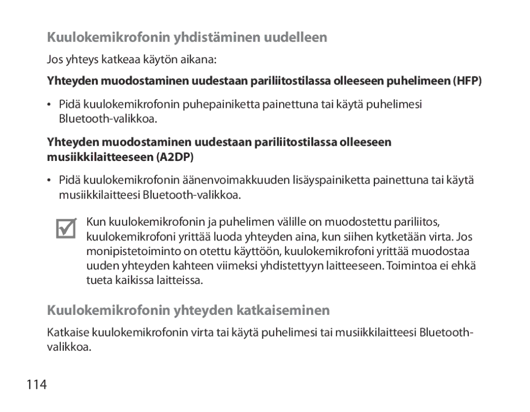 Samsung BHM3700EDECXEF manual Kuulokemikrofonin yhdistäminen uudelleen, Kuulokemikrofonin yhteyden katkaiseminen, 114 