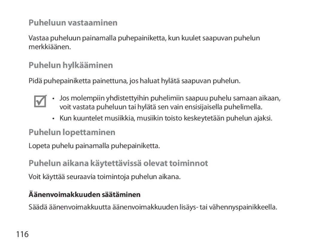 Samsung BHM3700EDEGXEH, BHM3700EDEGXEF, BHM3700EDECXEF Puheluun vastaaminen, Puhelun hylkääminen, Puhelun lopettaminen, 116 