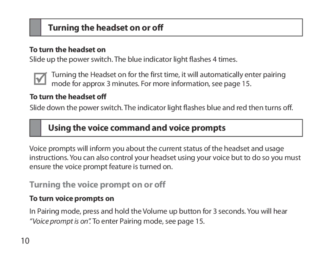 Samsung BHM3700EDECXEH, BHM3700EDEGXEF manual Turning the headset on or off, Using the voice command and voice prompts 