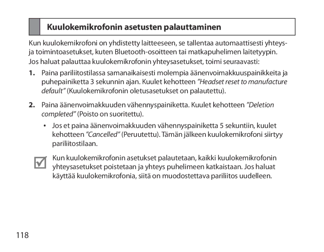 Samsung BHM3700EDEGXEF, BHM3700EDECXEF, BHM3700EDECXEH, BHM3700EDEGXEH manual Kuulokemikrofonin asetusten palauttaminen, 118 