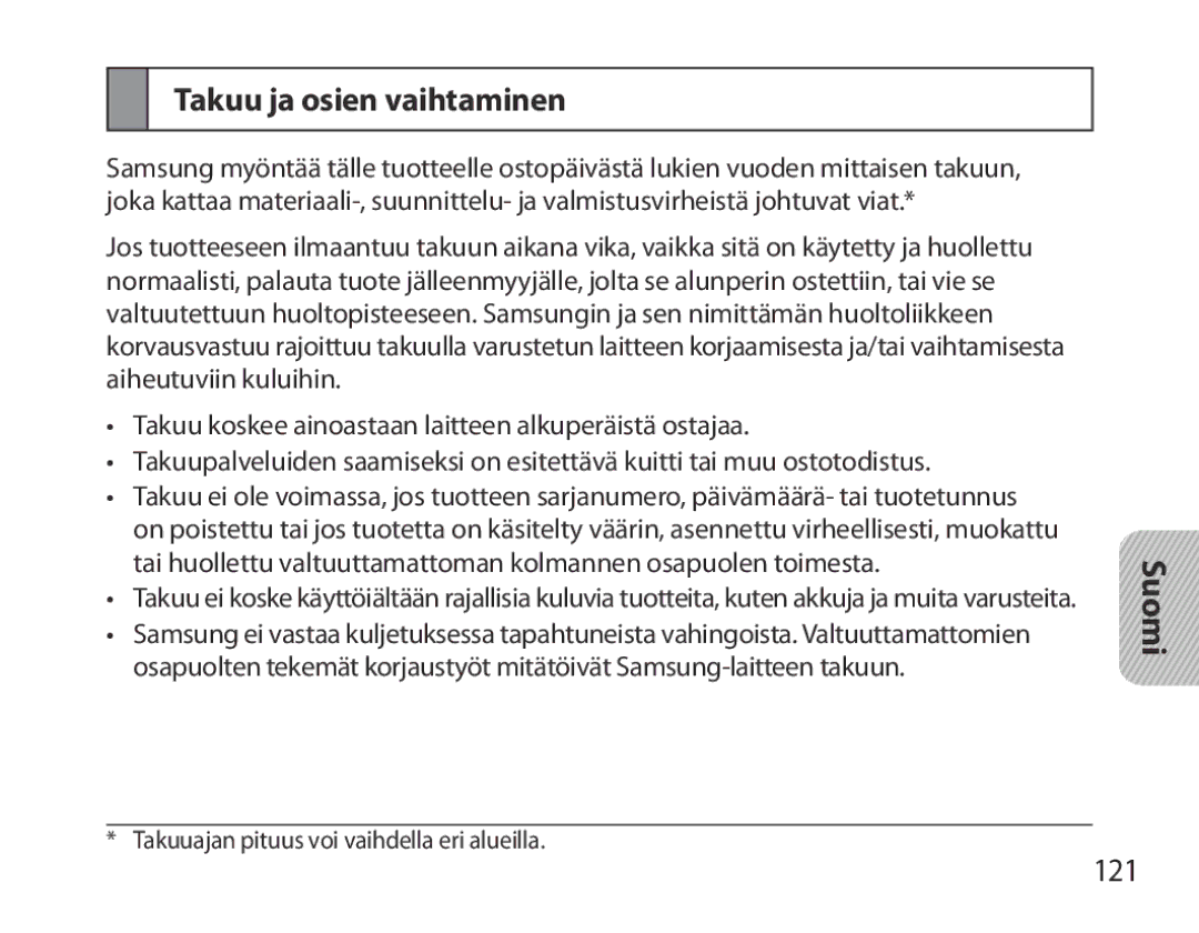 Samsung BHM3700EDEGXEH, BHM3700EDEGXEF, BHM3700EDECXEF, BHM3700EDECXEH, BHM3700EDRCSER manual Takuu ja osien vaihtaminen, 121 