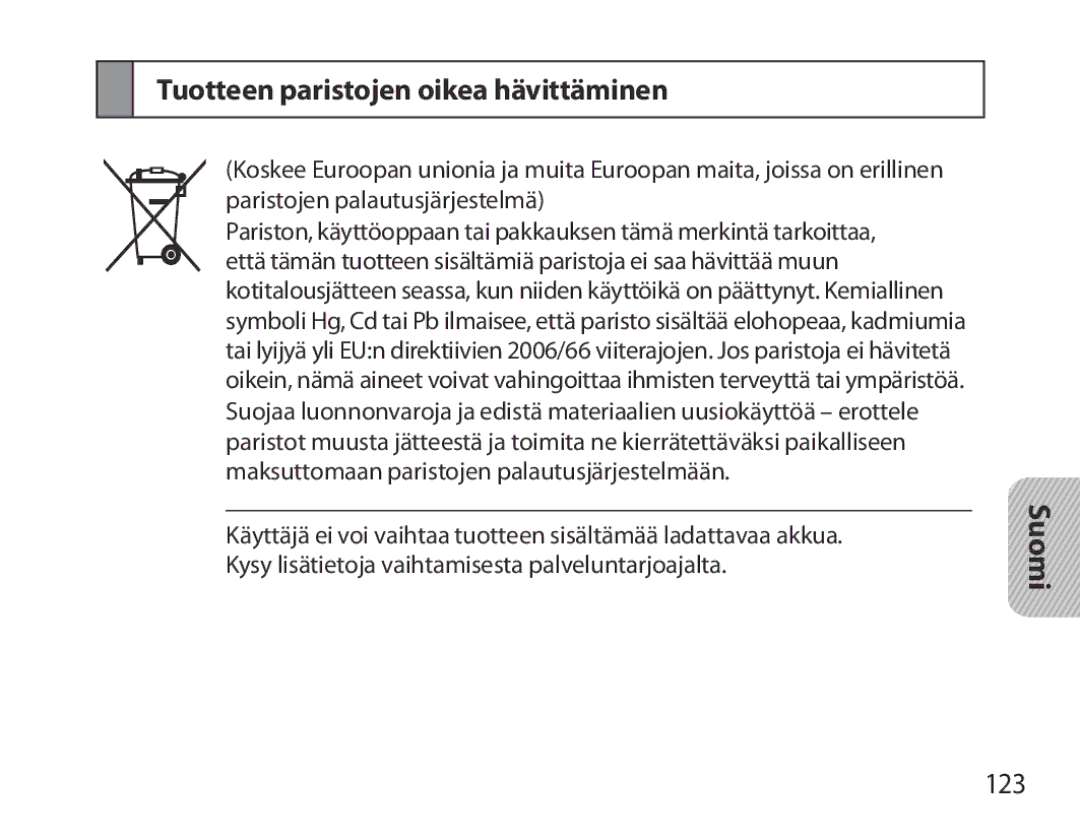 Samsung BHM3700EDEGXEF, BHM3700EDECXEF, BHM3700EDECXEH, BHM3700EDEGXEH manual Tuotteen paristojen oikea hävittäminen, 123 