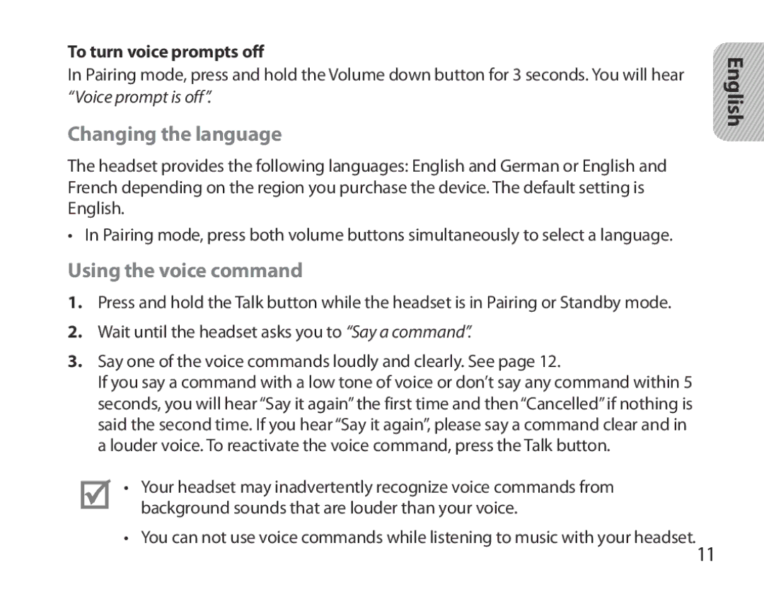 Samsung BHM3700EDEGXEH, BHM3700EDEGXEF manual Changing the language, Using the voice command, To turn voice prompts off 