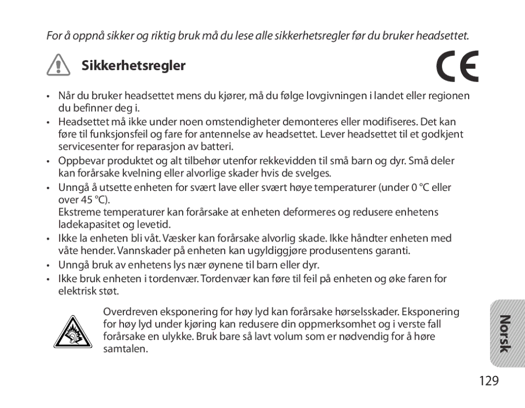 Samsung BHM3700EDECXEF, BHM3700EDEGXEF, BHM3700EDECXEH, BHM3700EDEGXEH, BHM3700EDRCSER manual Sikkerhetsregler, 129 