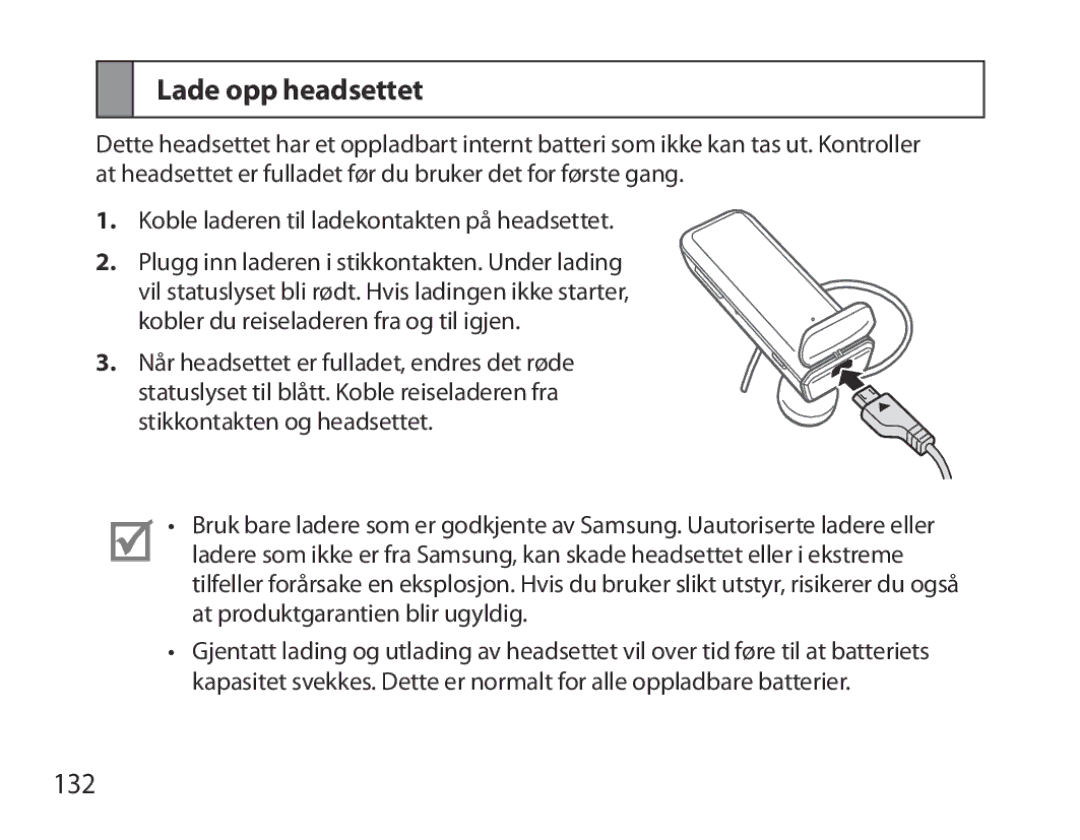 Samsung BHM3700EDRCSER, BHM3700EDEGXEF, BHM3700EDECXEF, BHM3700EDECXEH, BHM3700EDEGXEH manual Lade opp headsettet, 132 