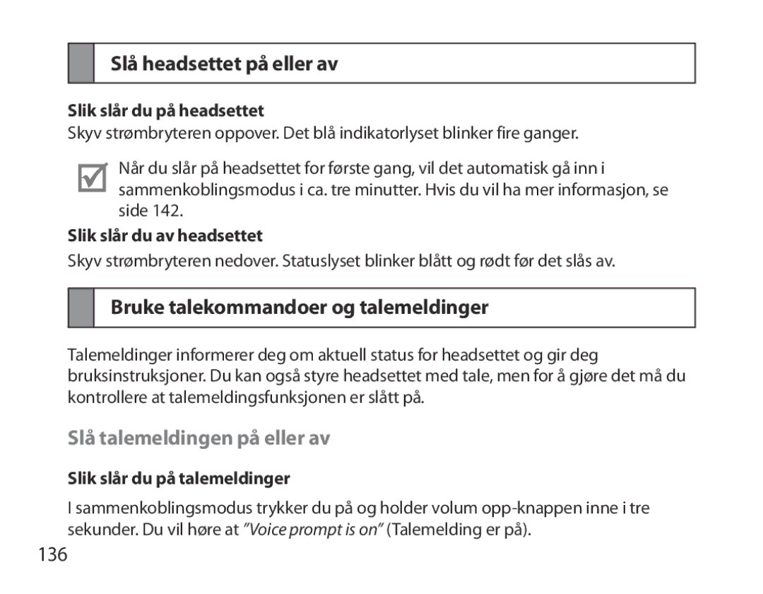 Samsung BHM3700EDEGXEH Slå headsettet på eller av, Bruke talekommandoer og talemeldinger, Slå talemeldingen på eller av 