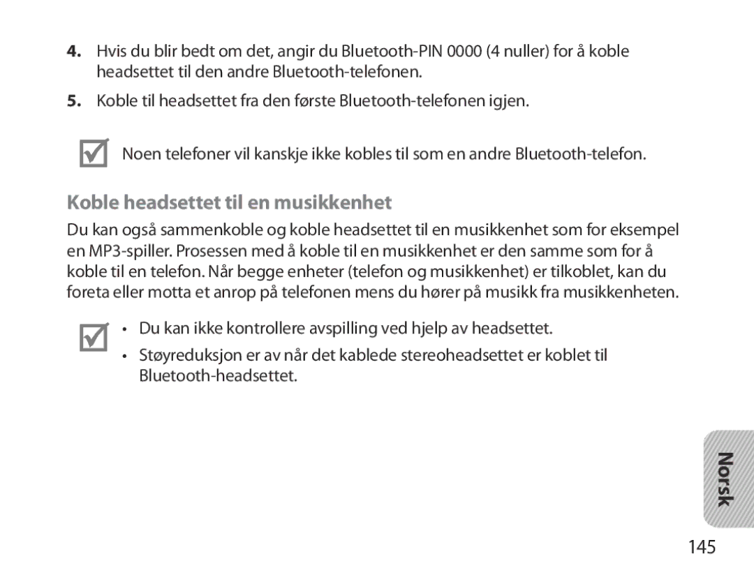 Samsung BHM3700EDECXEH, BHM3700EDEGXEF, BHM3700EDECXEF, BHM3700EDEGXEH manual Koble headsettet til en musikkenhet, 145 