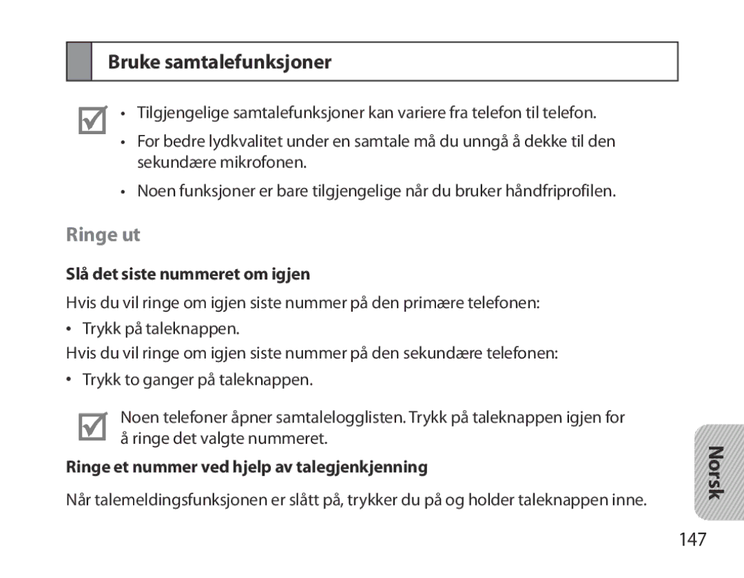 Samsung BHM3700EDRCSER, BHM3700EDEGXEF manual Bruke samtalefunksjoner, Ringe ut, 147, Slå det siste nummeret om igjen 