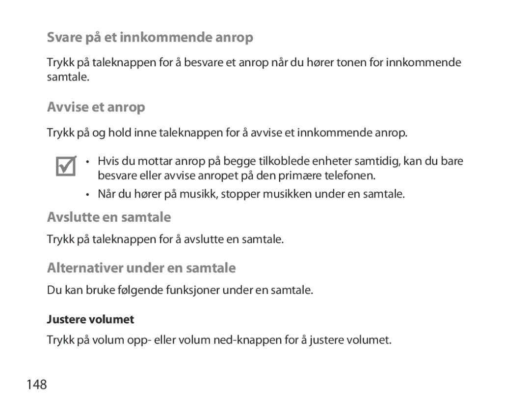 Samsung BHM3700EDEGXEF Svare på et innkommende anrop, Avvise et anrop, Avslutte en samtale, Alternativer under en samtale 