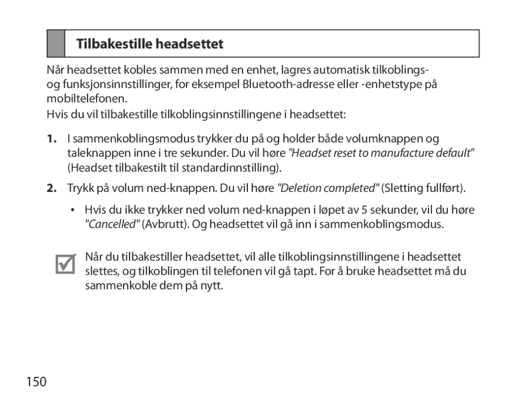Samsung BHM3700EDECXEH, BHM3700EDEGXEF, BHM3700EDECXEF, BHM3700EDEGXEH, BHM3700EDRCSER manual Tilbakestille headsettet, 150 