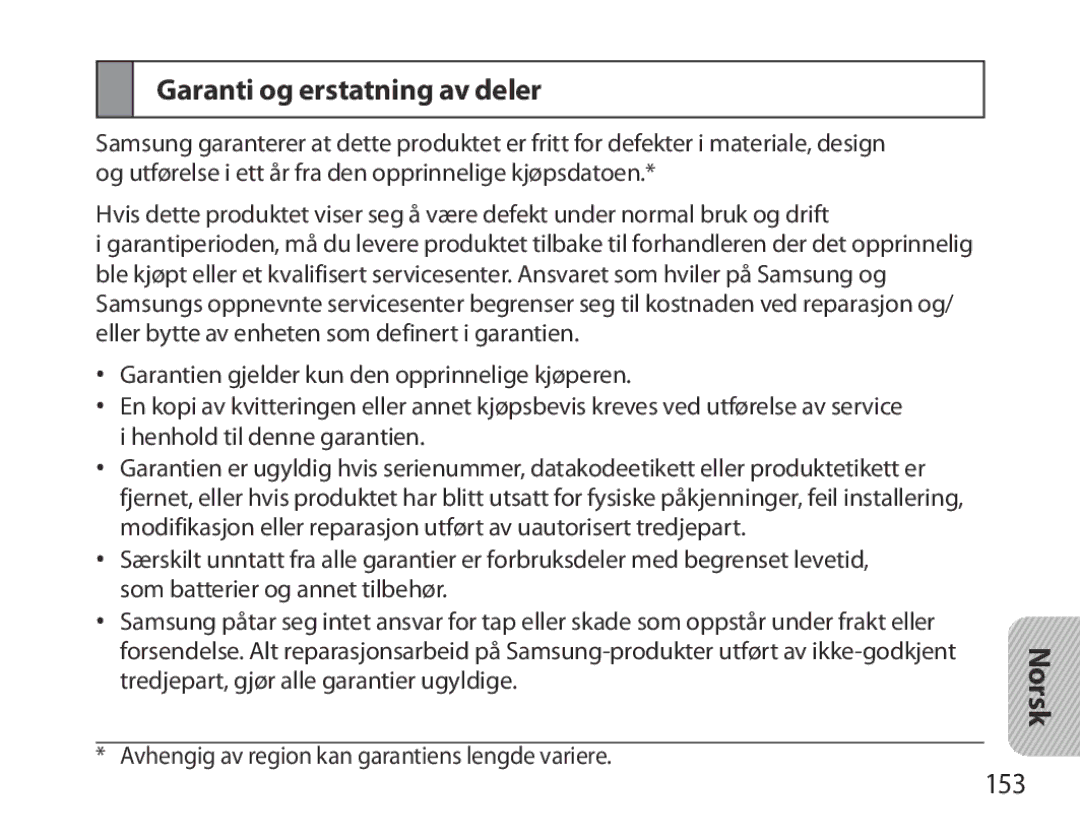 Samsung BHM3700EDEGXEF, BHM3700EDECXEF, BHM3700EDECXEH, BHM3700EDEGXEH, BHM3700EDRCSER Garanti og erstatning av deler, 153 