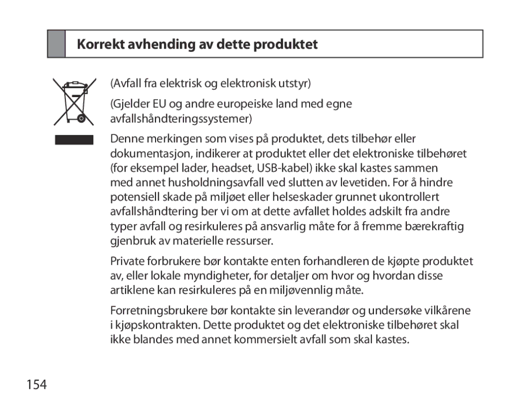 Samsung BHM3700EDECXEF, BHM3700EDEGXEF, BHM3700EDECXEH, BHM3700EDEGXEH manual Korrekt avhending av dette produktet, 154 